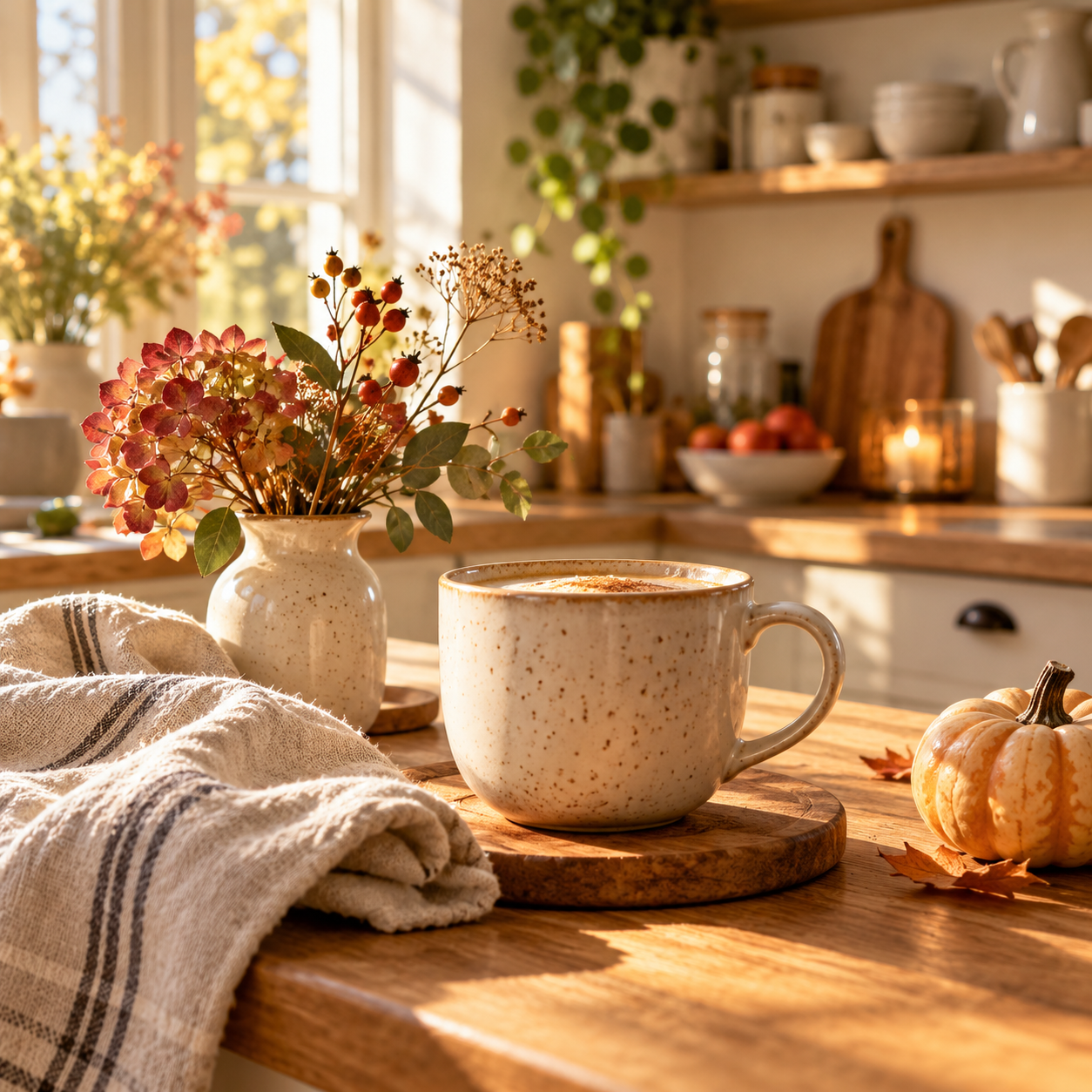 Keramiktasse, Herbstblumen und Kürbis in einer sonnigen Küche